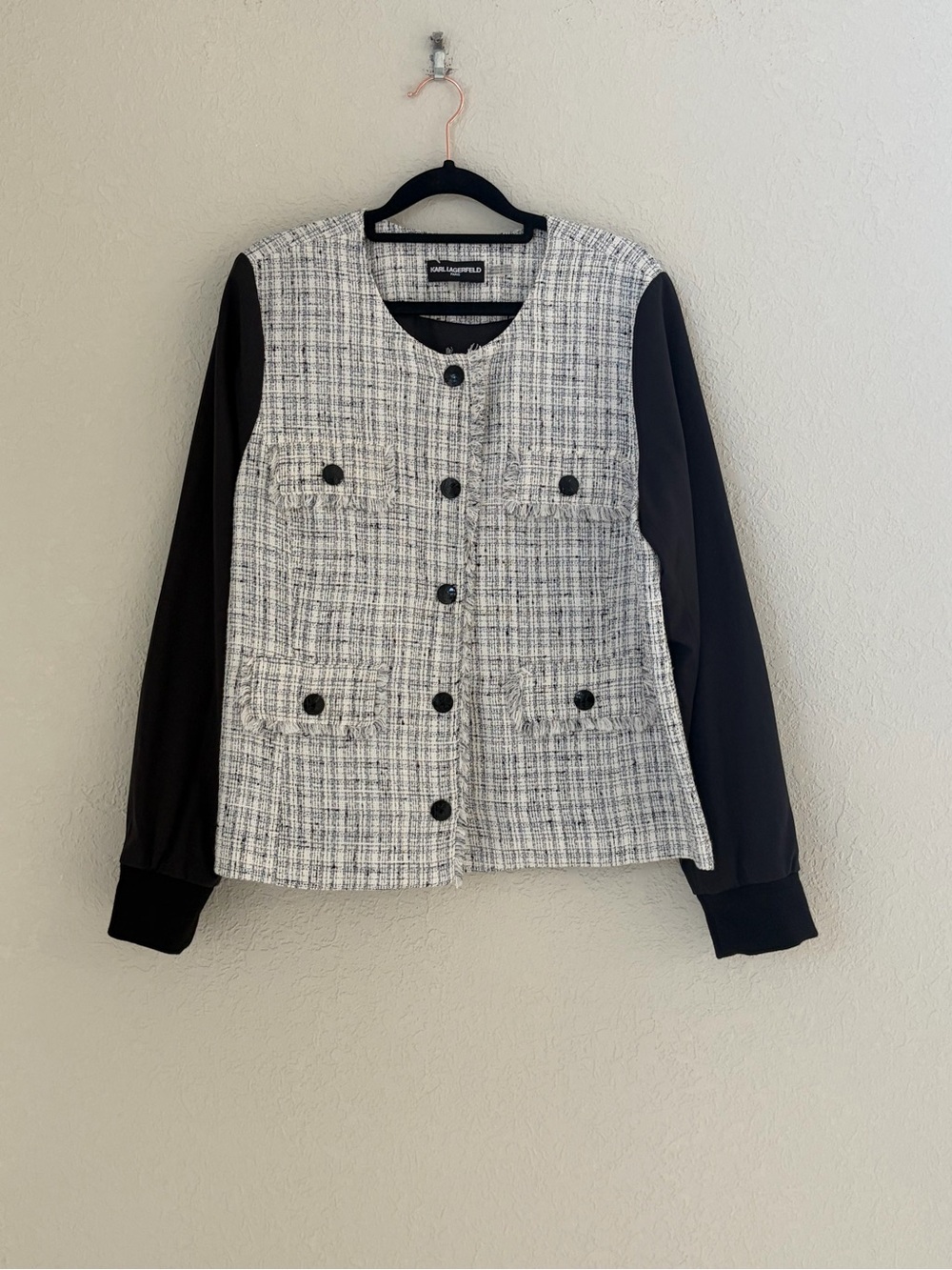 Karl Lagerfeld Women Black White Tweed Bomber Mixed Media Jacket Frayed Large